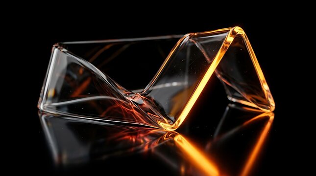 Abstract glass geometric shape with warm golden light reflections on black