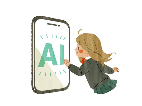 スマートフォンのAI画面に手を伸ばす女子高生-ガッシュ