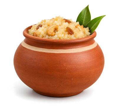 Pongal Sweet Rice in Traditional Clay Pot Isolated on White 3D Render