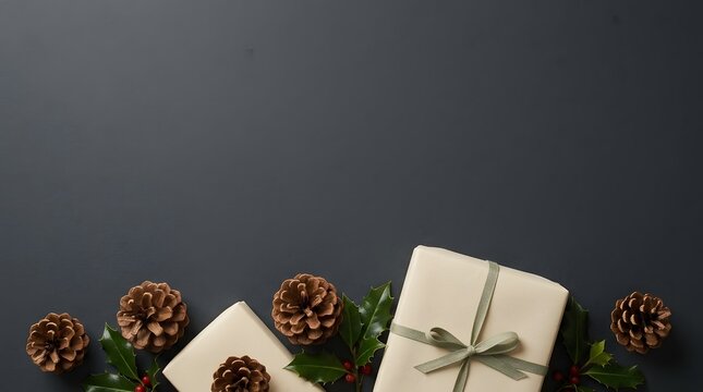 White gift box with pine cones holly berries ribbon holiday decoration