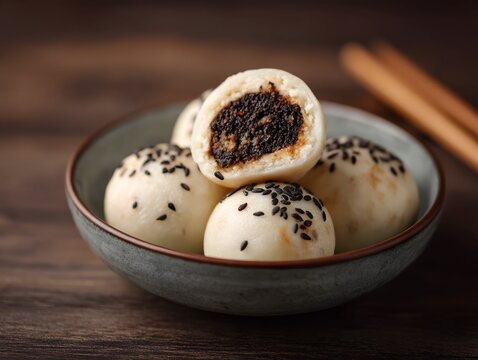 Tangyuan rice balls cut open with black sesame paste in bowl