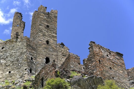 Ruins of the medieval defensive and residential towers, Mutso, High Caucasus, Mtskheta-Mtianeti region, Georgia