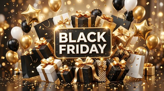 Black Friday gift boxes celebration with balloons and glittery background