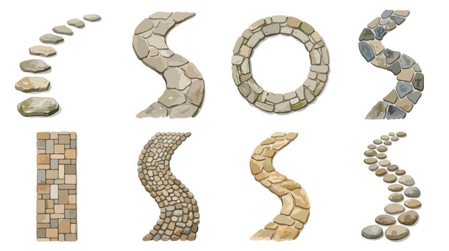 Rustic stone path collection, 8 winding garden walkway vector elements, natural flagstone and cobblestone pavement for landscape design