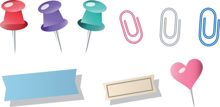 colorful office stationery elements collection with push pins paper clips label banners and heart pin
