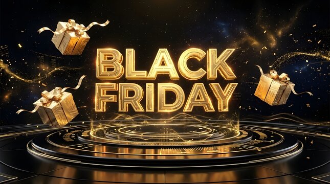 Black Friday golden text with floating gift boxes on futuristic circular platform
