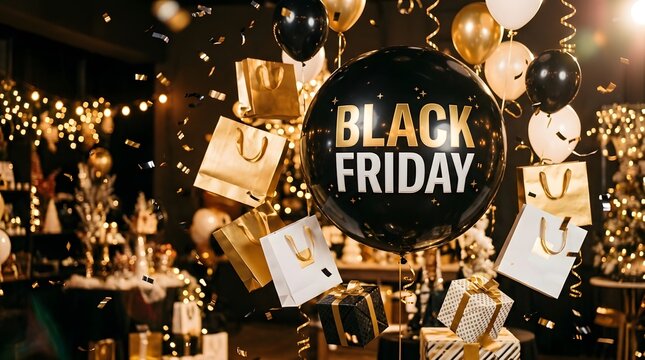 Black Friday black balloon with shopping bags gift boxes gold balloons celebration
