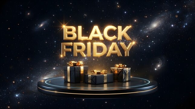 Black Friday golden text with gift boxes on cosmic background