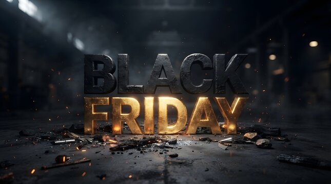 Black Friday golden 3D shattered text on dark cracked ground