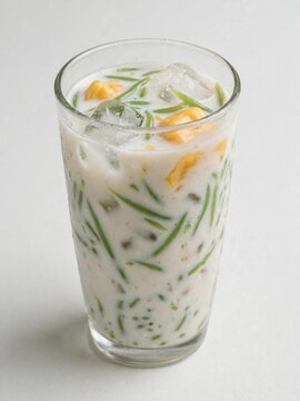 Simple glass of cendol dawet with small green jelly, jackfruit and ice in coconut milk