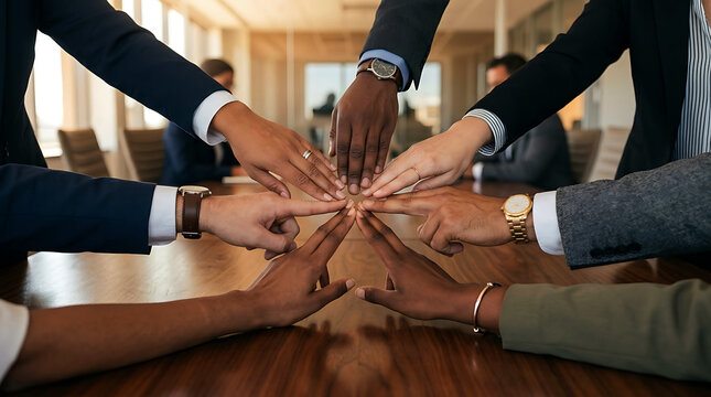 Diverse business team joining hands together in a powerful corporate teamwork sign