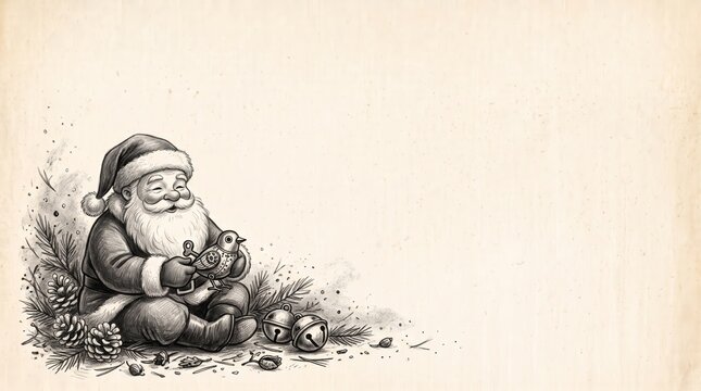 Vintage black and white ink drawing holiday illustration featuring Santa Claus holding a mechanical wind-up bird toy beside jingle bells and pinecones with copy space on a cream background.   