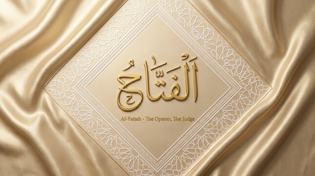 Luxury Gold Arabic Calligraphy Al-Fattah The Opener on Champagne Silk - 99 Names of Allah Islamic Art
