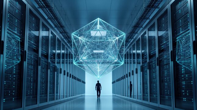 Futuristic server room with a man walking towards a glowing blue geometric data cube, representing big data storage, cloud computing