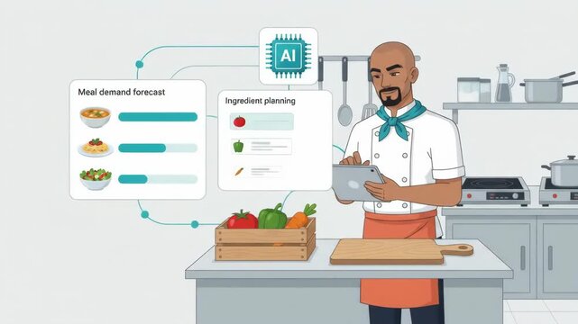 Chef using a tablet with artificial intelligence in a restaurant kitchen