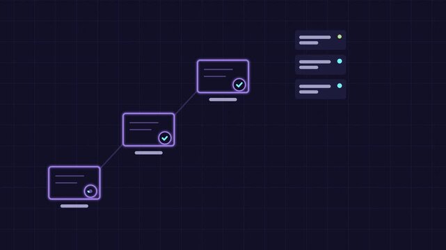 Animated certificate validation checking trust chain drawn as a minimal neon line illustration in blue and azure on a dark background. Smooth 4K seamless loop with placeholder label bars and copy spac