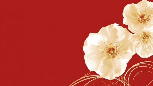 White plum blossoms on a deep red background