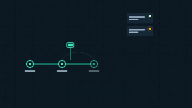 Animated version rollback to previous release drawn as a minimal neon line illustration in blue and azure on a dark background. Smooth 4K seamless loop with placeholder label bars and copy space for y