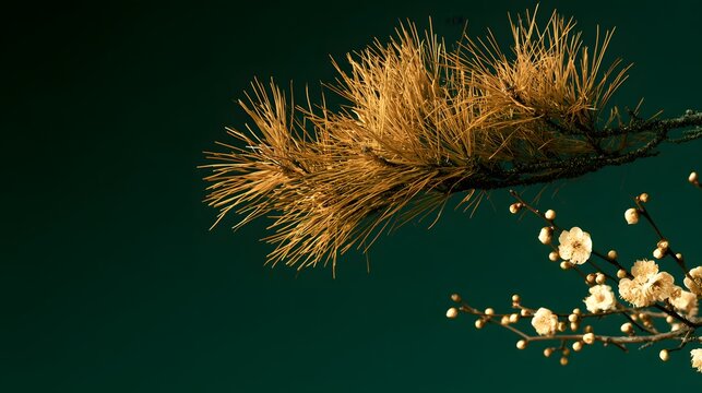 Golden pine branch with plum blossoms