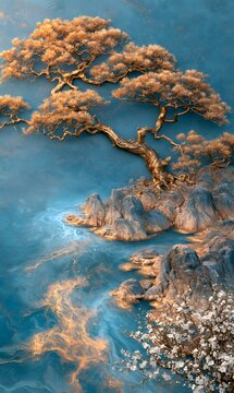 Japanese art of a golden pine on rocks with blue water