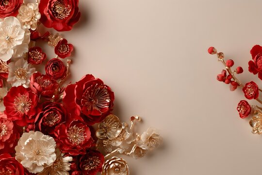 Ivory background framed by red and gold plum blossoms