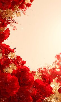 Vertical ivory background surrounded by red flowers