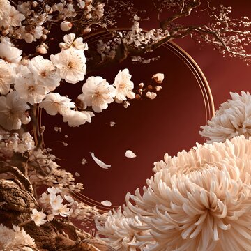 Red background with a circular frame and white flowers
