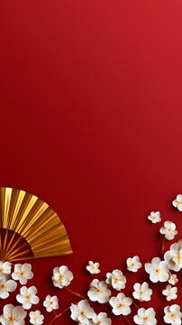 Red background with a golden fan, white plum and copy space