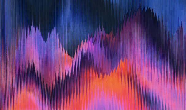 Abstract glitch pixel sorting background with vertical distorted stripes in blue, purple, pink and orange gradient, digital noise wallpaper