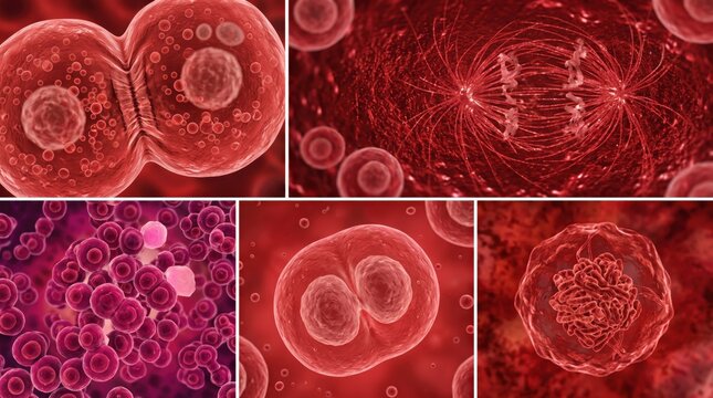 Cell division mitosis process, biological cell structure, DNA replication, microscopic view of cells, medical science education, biology research, cellular reproduction