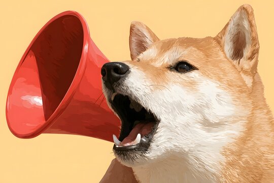 Close up of a shiba inu making an announcement with a megaphone