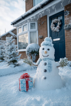 Snowman with Pine Branch Arms and Blue Hat Standing Beside Christmas Gift Outside Home During Snowy Winter Morning