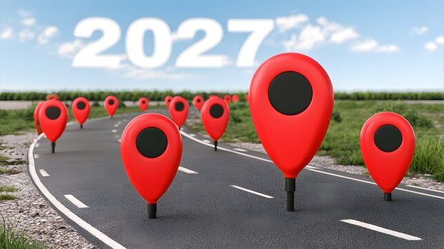 Road to 2027 with red location pins