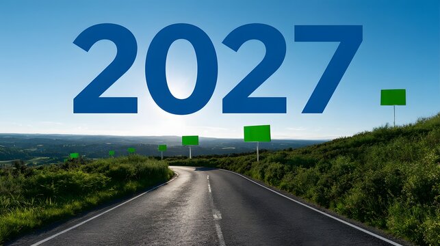 Road leading to the horizon with 2027 in the sky