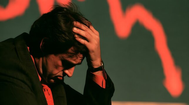 Businessman holding his head in front of a falling chart