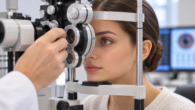 Woman undergoing eye examination with phoropter in optometry clinic. Vision test and prescription assessment. Eye care, ophthalmology and routine healthcare. Professional vision screening