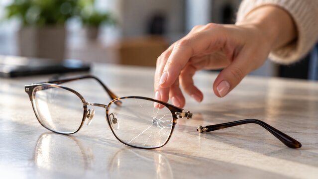 Hand reaching for broken eyeglasses on a table, one lens cracked and temple detached. Poor eyesight and vision impairment concept. Eye health, damaged eyewear and corrective lens care.