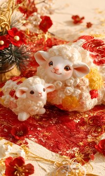 Sheep figurines on red and gold decorations