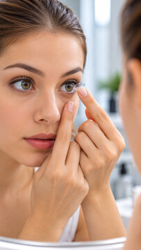 Woman inserting contact lens while looking in bathroom mirror. Corrective eyewear for poor vision. Eye care and vision correction. Contact lens hygiene and daily routine.