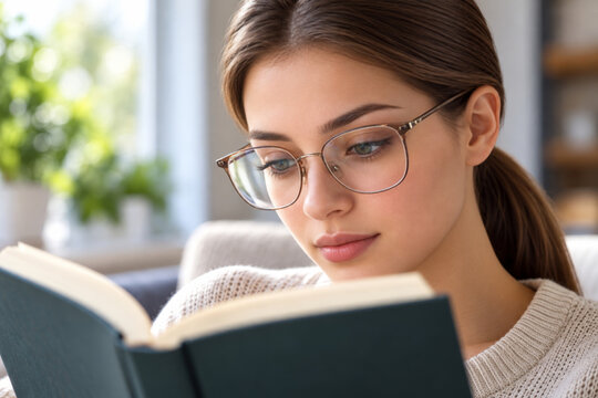 Woman wearing eyeglasses reads a book at home. Poor eyesight and vision correction. Reading, literacy and lifelong learning. Education and eye care concept.