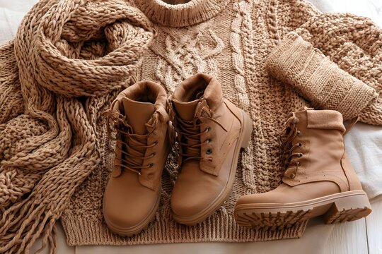 Winter fashion of a scarf, knit sweater and boots