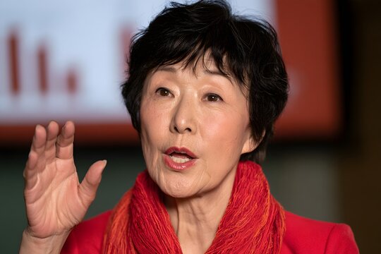 Senior Japanese woman in a red scarf speaking passionately