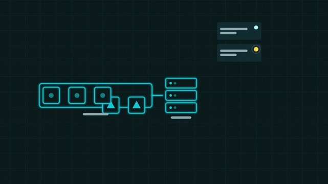 Seamless 4K looping concept animation: priority queue serving urgent first. Glowing flat vector line icons in teal and cyan on a dark grid background, with blank status cards instead of real text so y