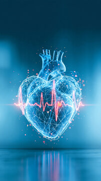 A digital illustration of a human heart with a glowing electrocardiogram line, symbolizing health and technology in cardiac care.