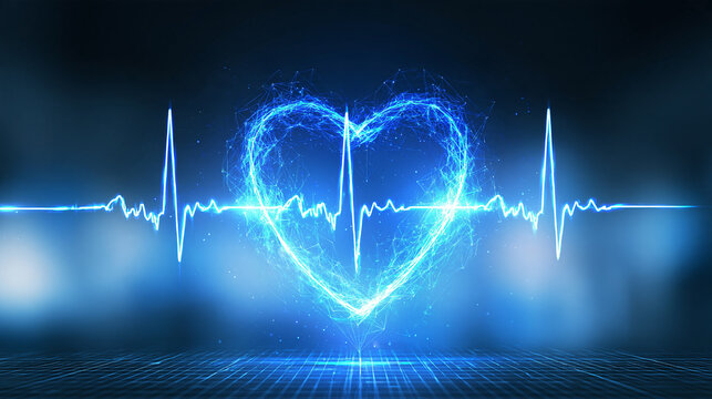 A glowing blue heartbeat waveform forming a heart shape on a digital screen, symbolizing love and life energy.