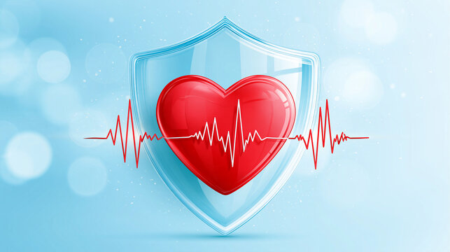 A red heart with an electrocardiogram line is set against a protective blue shield symbolizing heart health and cardiovascular protection.