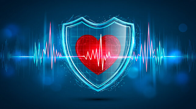 A digital heart with an ECG pulse is protected by a glowing shield, symbolizing heart health and medical protection in a futuristic, tech-inspired design.