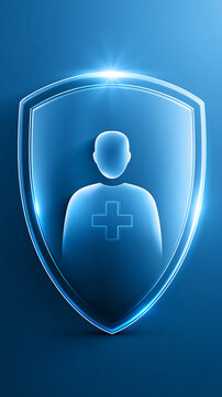 A glowing blue shield with a human silhouette and medical cross symbol, representing health protection or medical security.