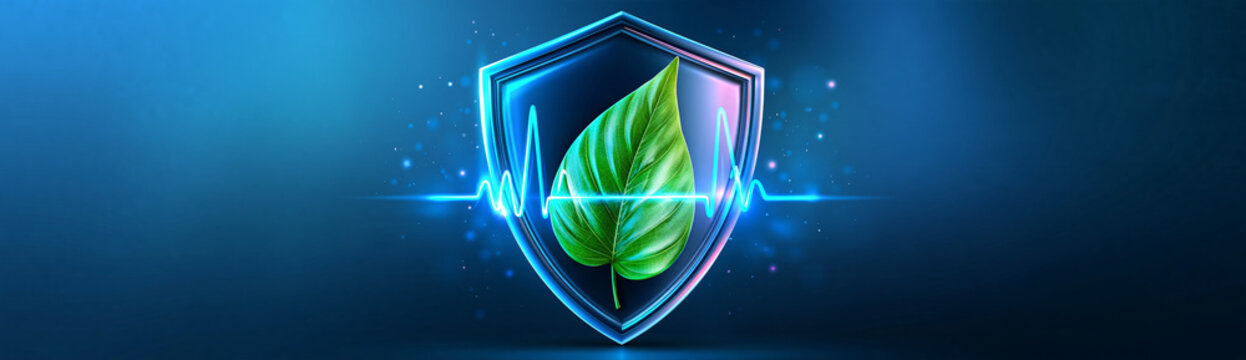 A glowing green leaf protected by a digital shield with an ECG heartbeat line, symbolizing eco-friendly technology and environmental protection.
