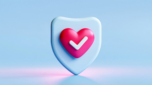 A 3D shield icon featuring a pink heart with a white checkmark in the center, set against a soft blue background.